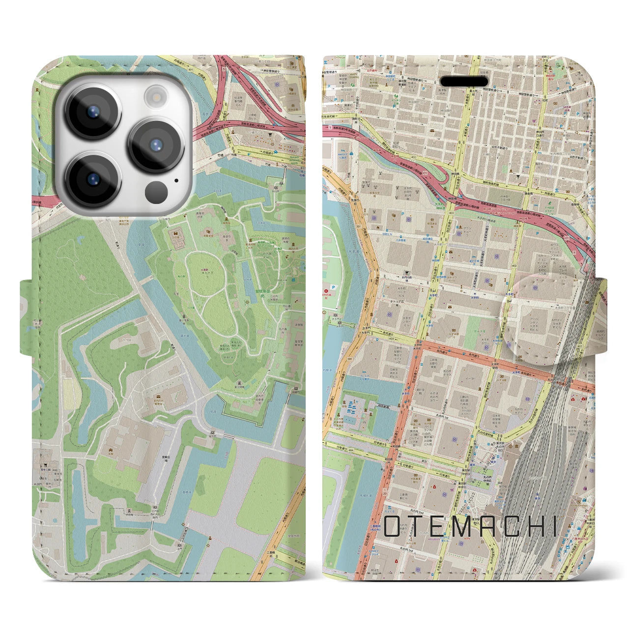 【大手町】地図柄iPhoneケース（手帳両面タイプ・ナチュラル）iPhone 14 Pro 用