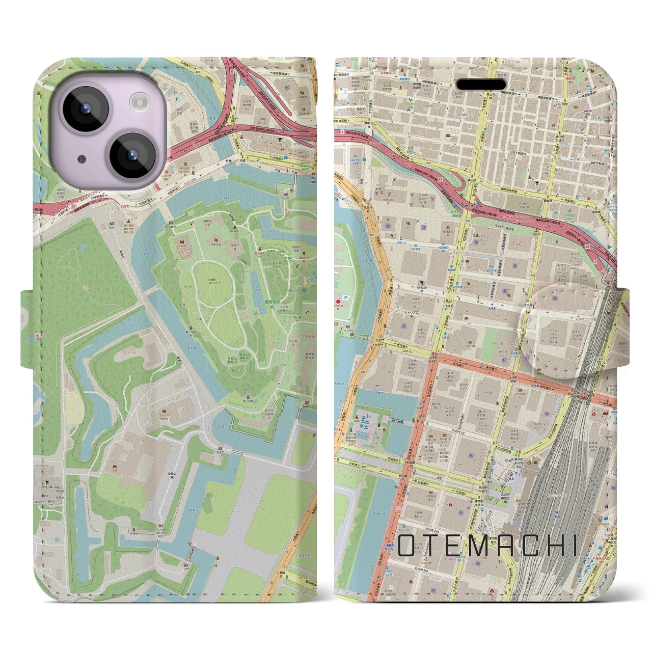 【大手町】地図柄iPhoneケース（手帳両面タイプ・ナチュラル）iPhone 14 用
