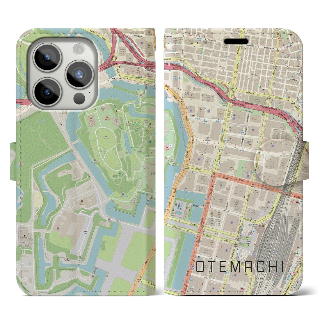【大手町】地図柄iPhoneケース（手帳両面タイプ・ナチュラル）iPhone 15 Pro 用