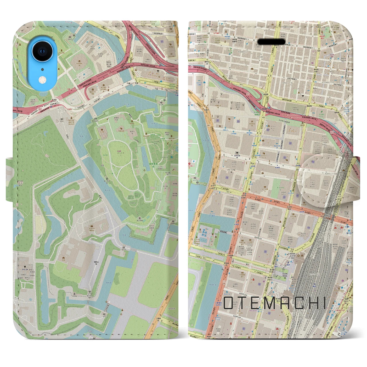 【大手町】地図柄iPhoneケース（手帳両面タイプ・ナチュラル）iPhone XR 用