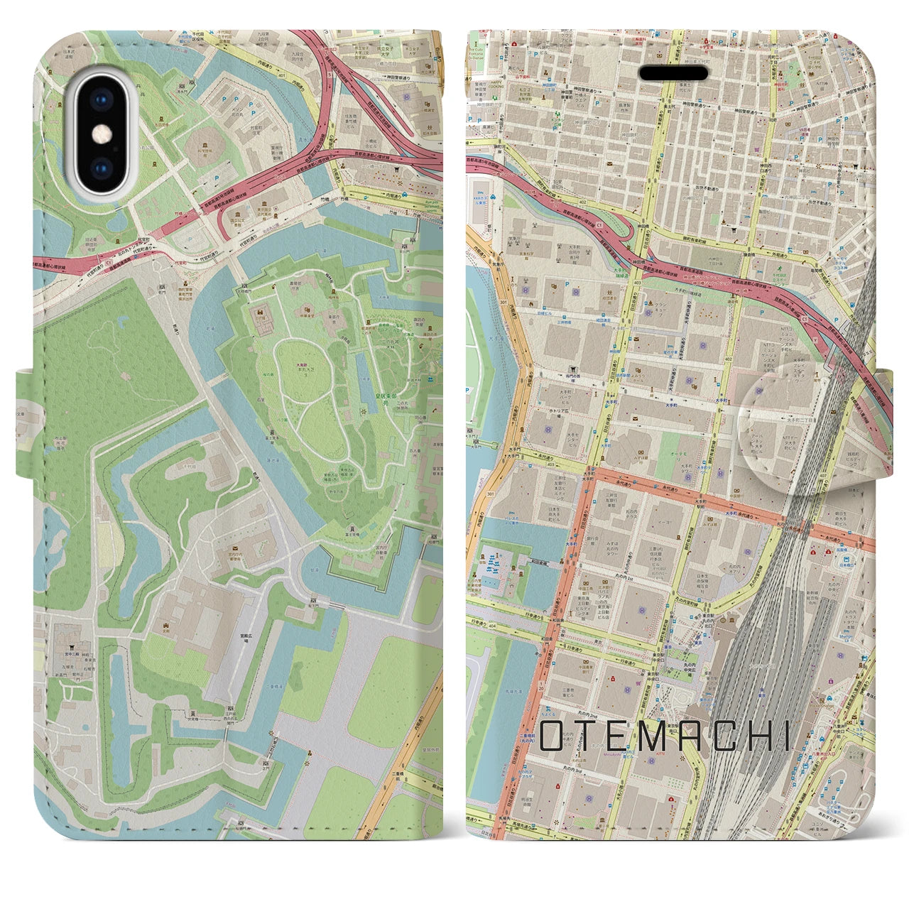【大手町】地図柄iPhoneケース（手帳両面タイプ・ナチュラル）iPhone XS Max 用