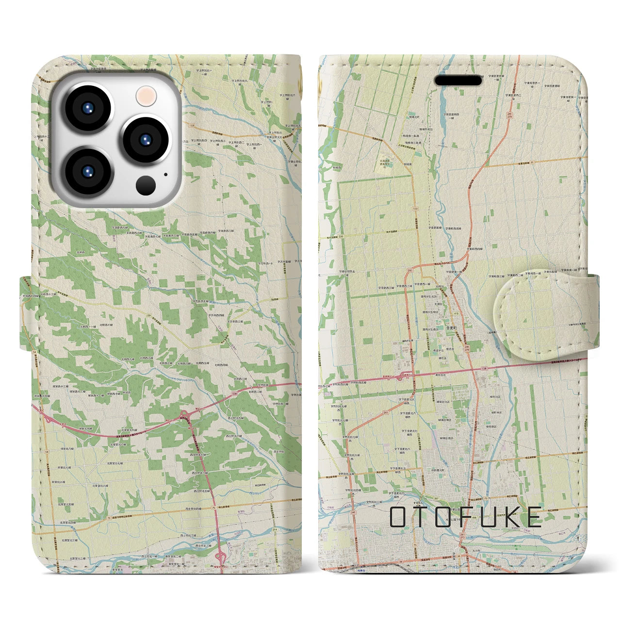 【音更】地図柄iPhoneケース（手帳両面タイプ・ナチュラル）iPhone 13 Pro 用