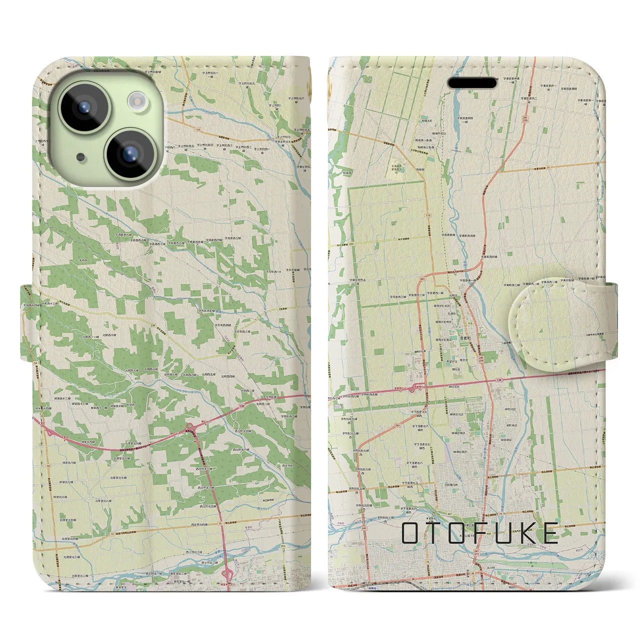 【音更】地図柄iPhoneケース（手帳両面タイプ・ナチュラル）iPhone 15 用