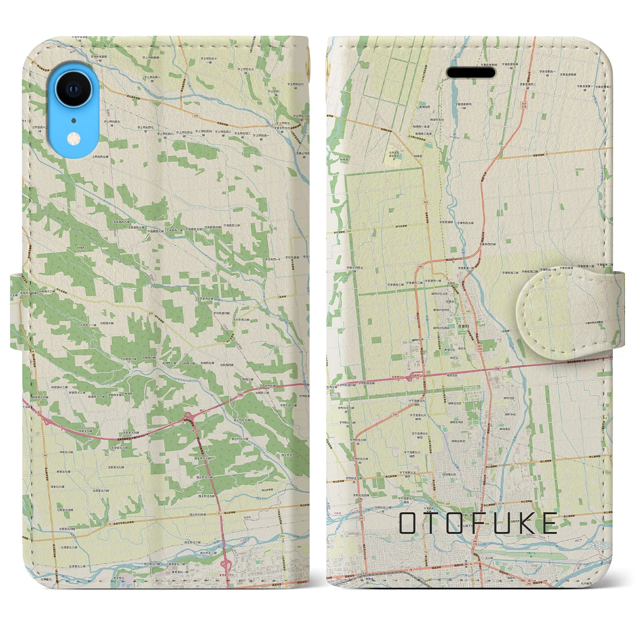【音更】地図柄iPhoneケース（手帳両面タイプ・ナチュラル）iPhone XR 用