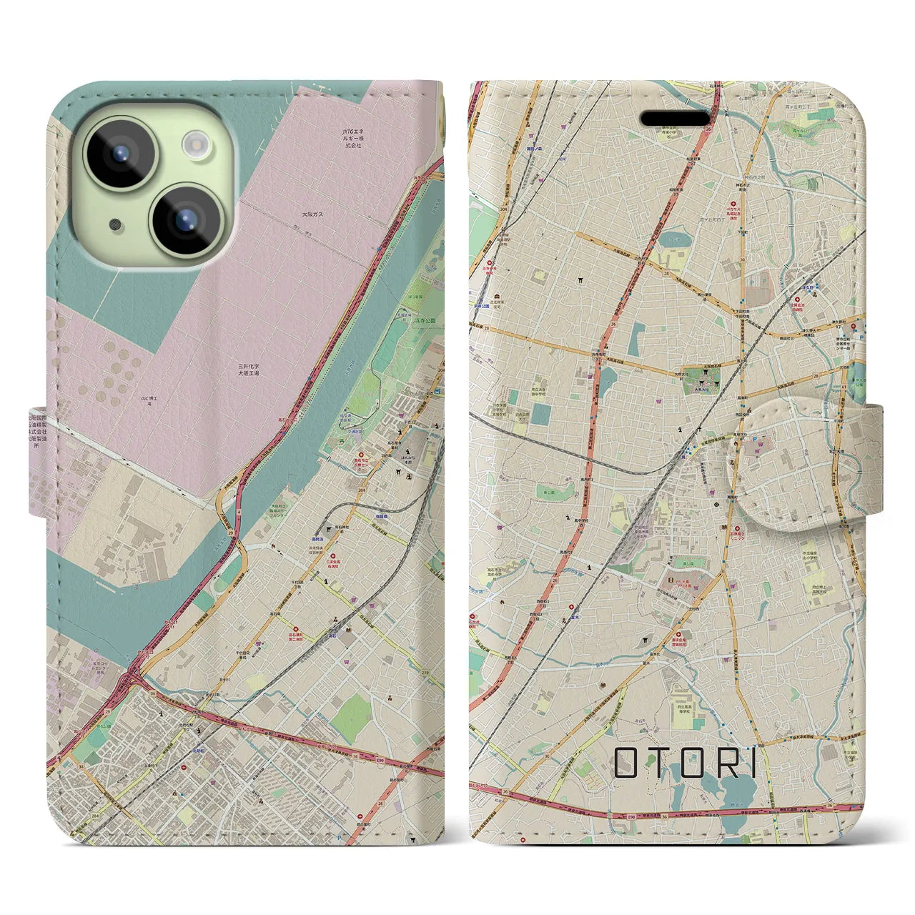 【鳳】地図柄iPhoneケース（手帳両面タイプ・ナチュラル）iPhone 15 用