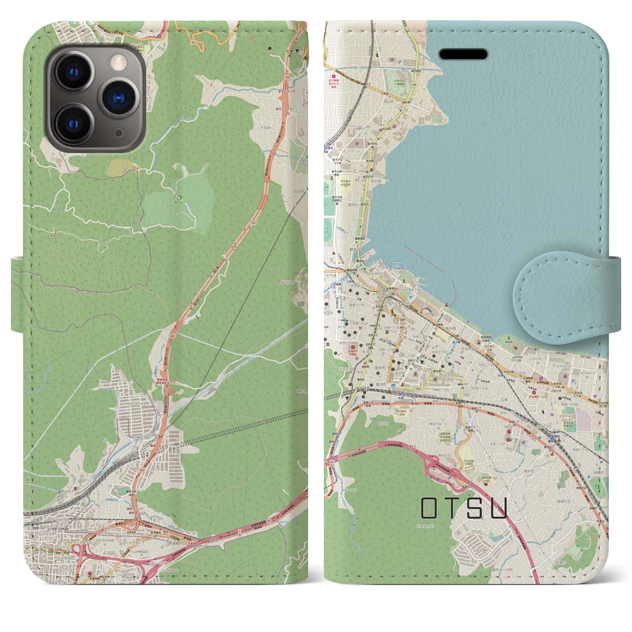 【大津】地図柄iPhoneケース（手帳両面タイプ・ナチュラル）iPhone 11 Pro Max 用