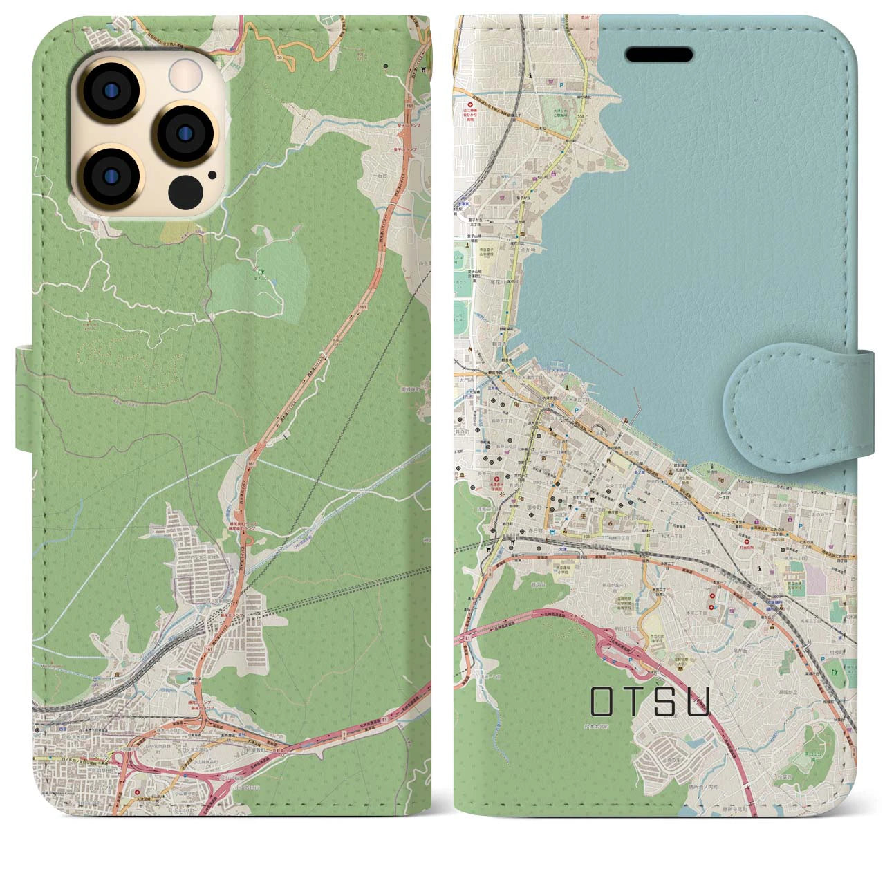 【大津】地図柄iPhoneケース（手帳両面タイプ・ナチュラル）iPhone 12 Pro Max 用
