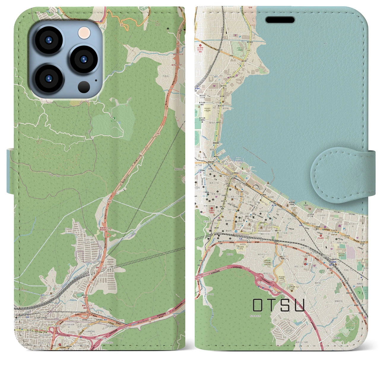 【大津】地図柄iPhoneケース（手帳両面タイプ・ナチュラル）iPhone 13 Pro Max 用