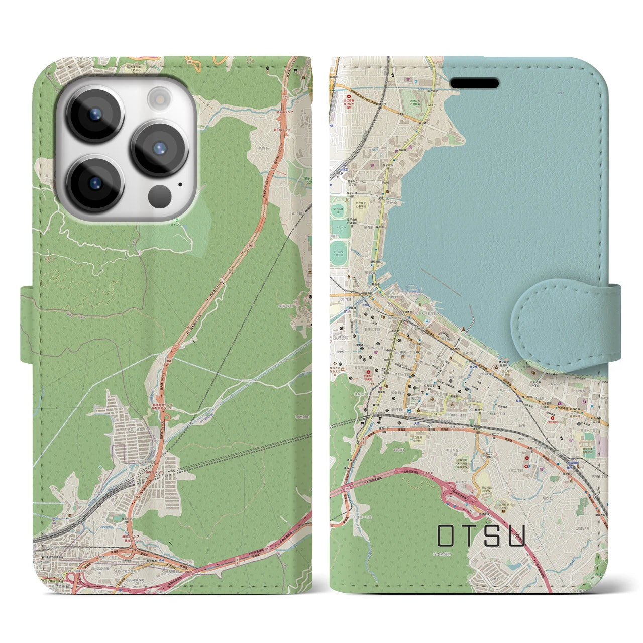 【大津】地図柄iPhoneケース（手帳両面タイプ・ナチュラル）iPhone 14 Pro 用