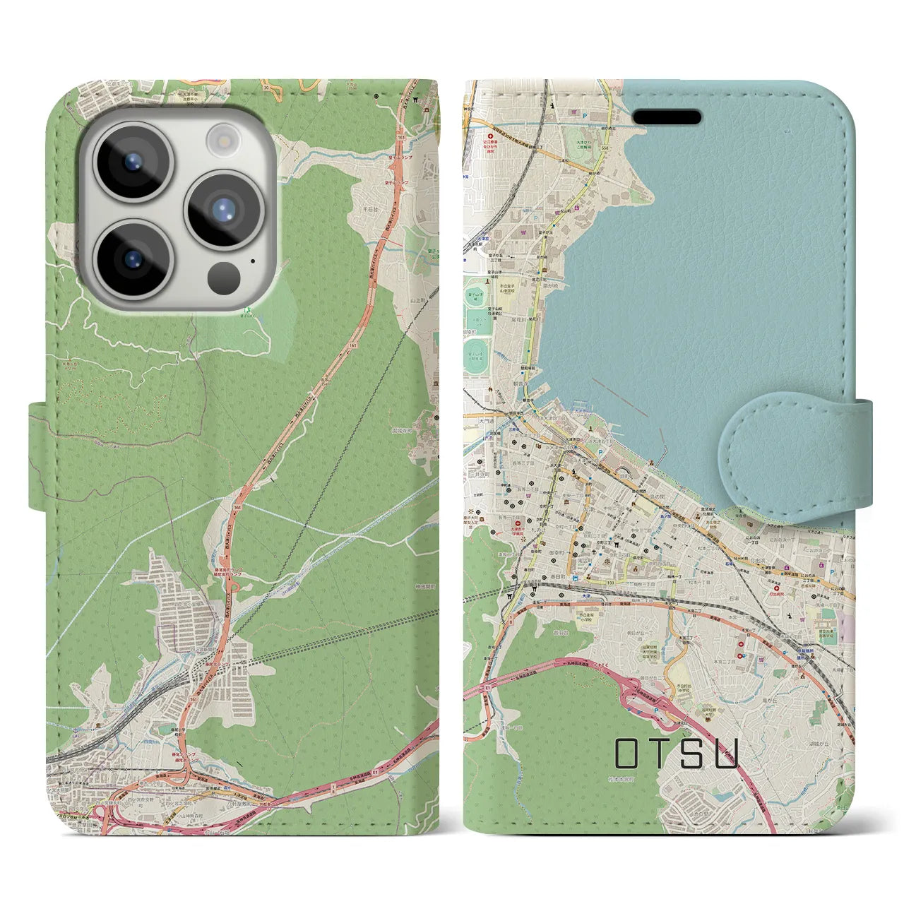 【大津】地図柄iPhoneケース（手帳両面タイプ・ナチュラル）iPhone 15 Pro 用