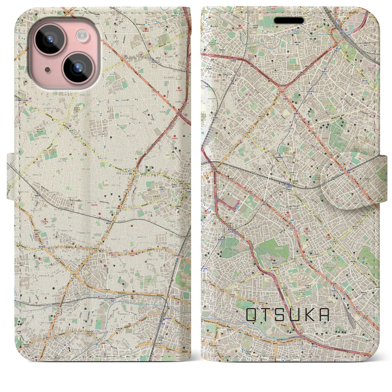 【大塚】地図柄iPhoneケース（手帳両面タイプ・ナチュラル）iPhone 15 Plus 用