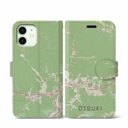 【大月（山梨県）】地図柄iPhoneケース（手帳タイプ）ナチュラル・iPhone 12 mini 用