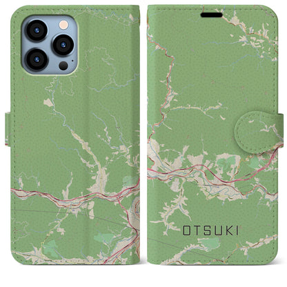 【大月（山梨県）】地図柄iPhoneケース（手帳タイプ）ナチュラル・iPhone 13 Pro Max 用