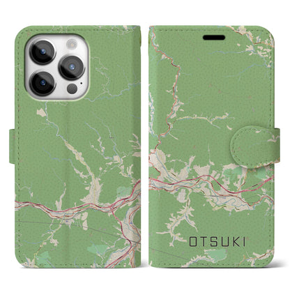 【大月（山梨県）】地図柄iPhoneケース（手帳タイプ）ナチュラル・iPhone 14 Pro 用