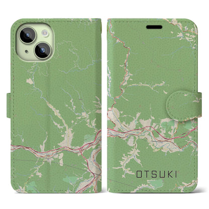 【大月（山梨県）】地図柄iPhoneケース（手帳タイプ）ナチュラル・iPhone 15 用