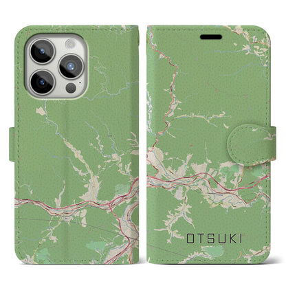 【大月（山梨県）】地図柄iPhoneケース（手帳タイプ）ナチュラル・iPhone 15 Pro 用