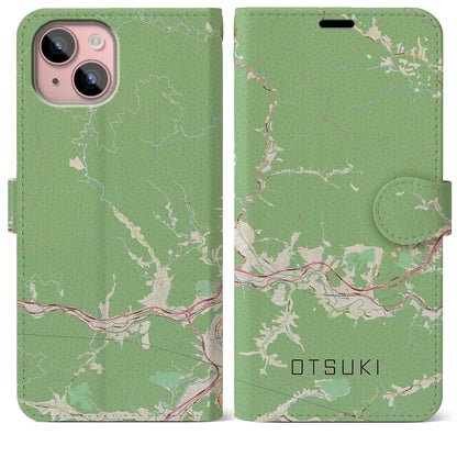 【大月（山梨県）】地図柄iPhoneケース（手帳タイプ）ナチュラル・iPhone 15 Plus 用