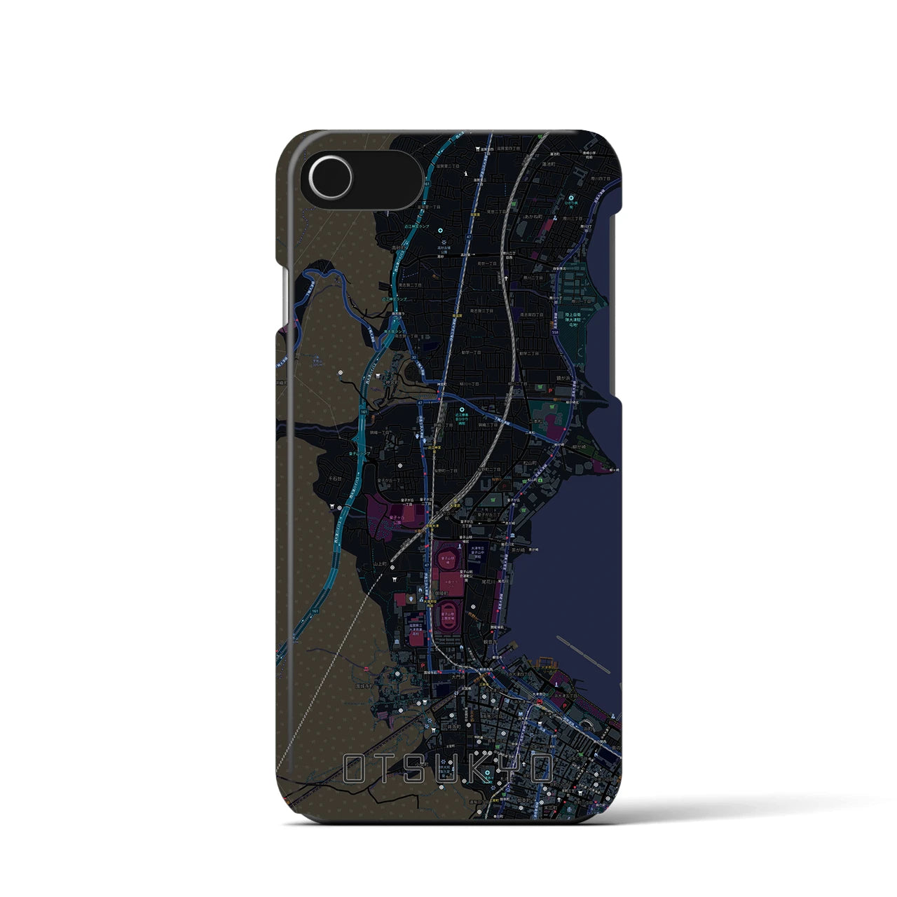 【大津京】地図柄iPhoneケース（バックカバータイプ・ブラック）iPhone SE（第3 / 第2世代） / 8 / 7 / 6s / 6 用