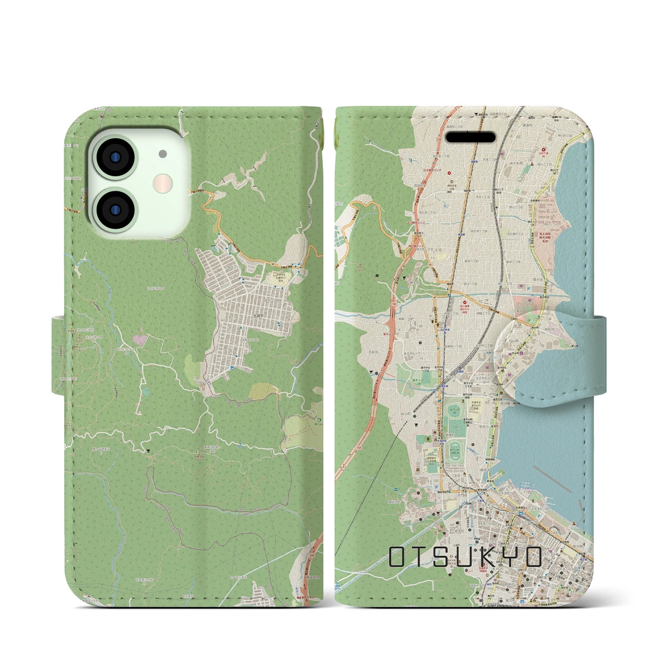 【大津京】地図柄iPhoneケース（手帳両面タイプ・ナチュラル）iPhone 12 mini 用