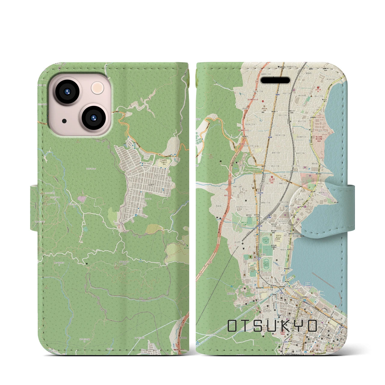 【大津京】地図柄iPhoneケース（手帳両面タイプ・ナチュラル）iPhone 13 mini 用