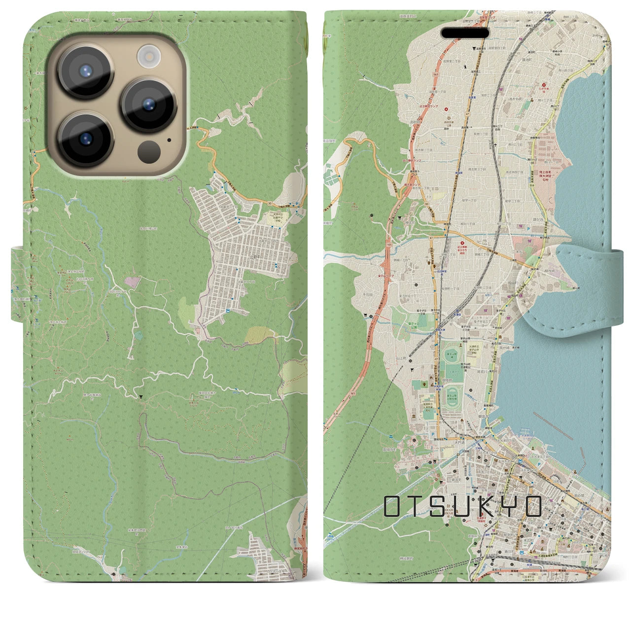 【大津京】地図柄iPhoneケース（手帳両面タイプ・ナチュラル）iPhone 14 Pro Max 用