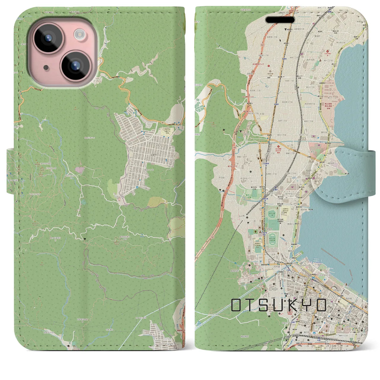 【大津京】地図柄iPhoneケース（手帳両面タイプ・ナチュラル）iPhone 15 Plus 用