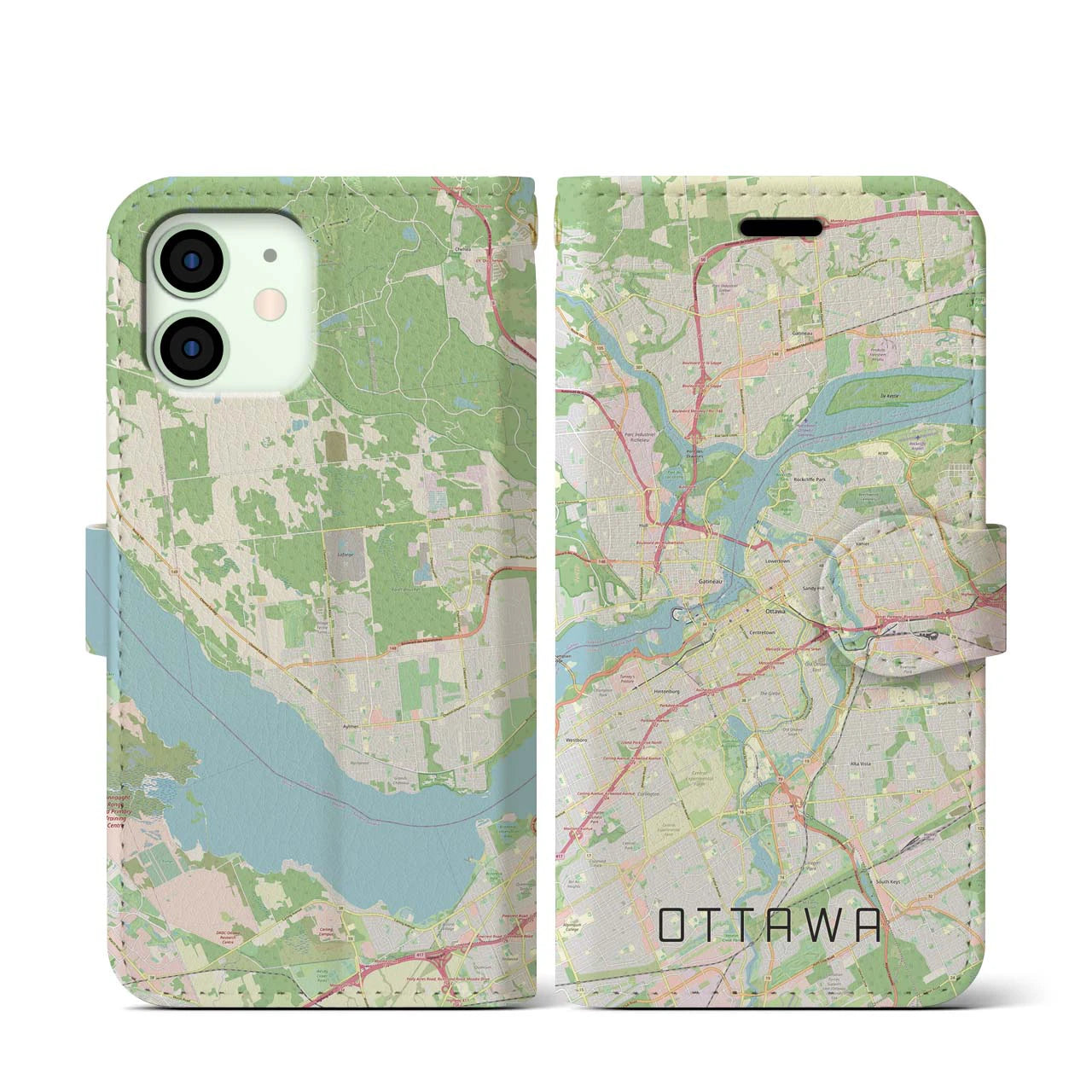 【オタワ】地図柄iPhoneケース（手帳両面タイプ・ナチュラル）iPhone 12 mini 用