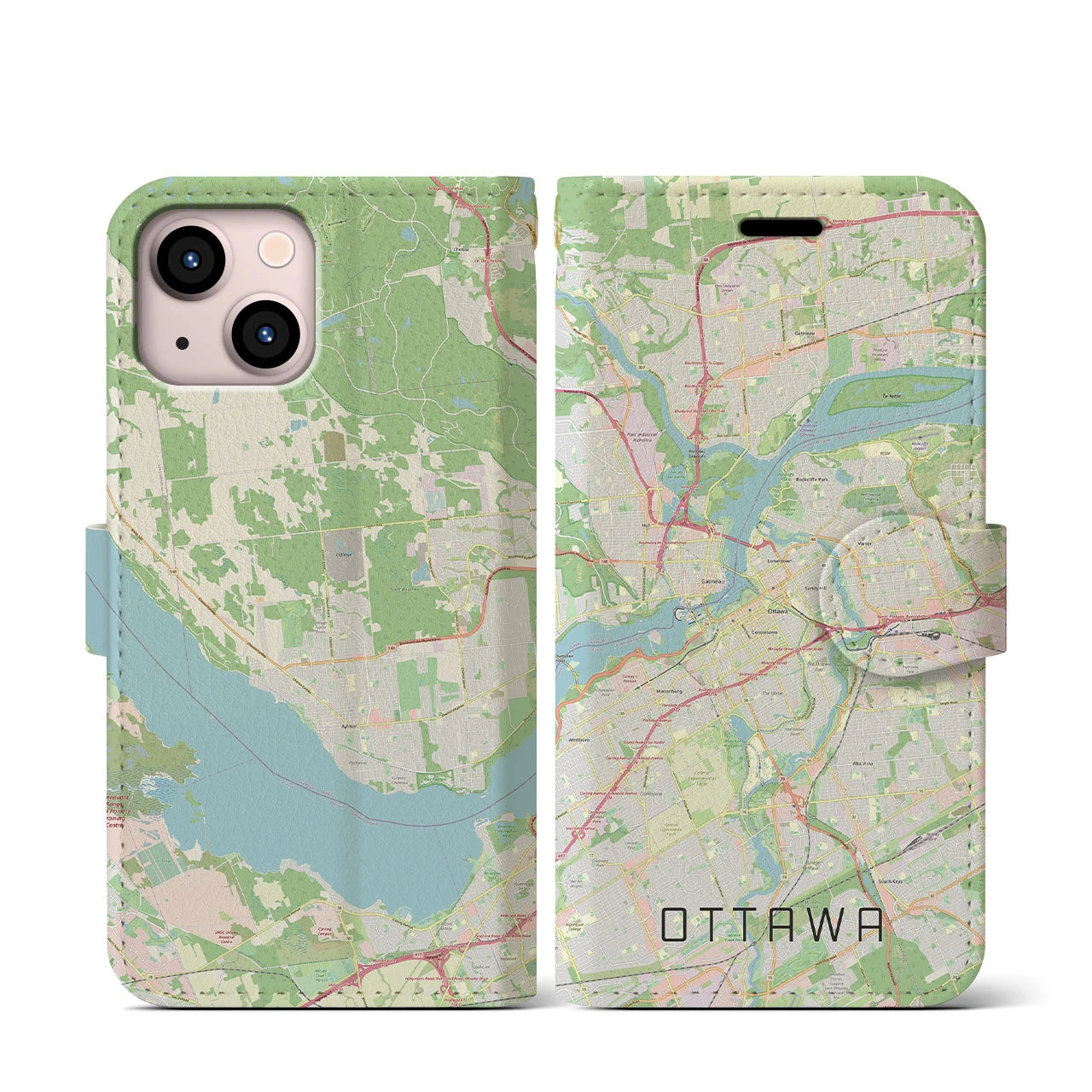 【オタワ】地図柄iPhoneケース（手帳両面タイプ・ナチュラル）iPhone 13 mini 用
