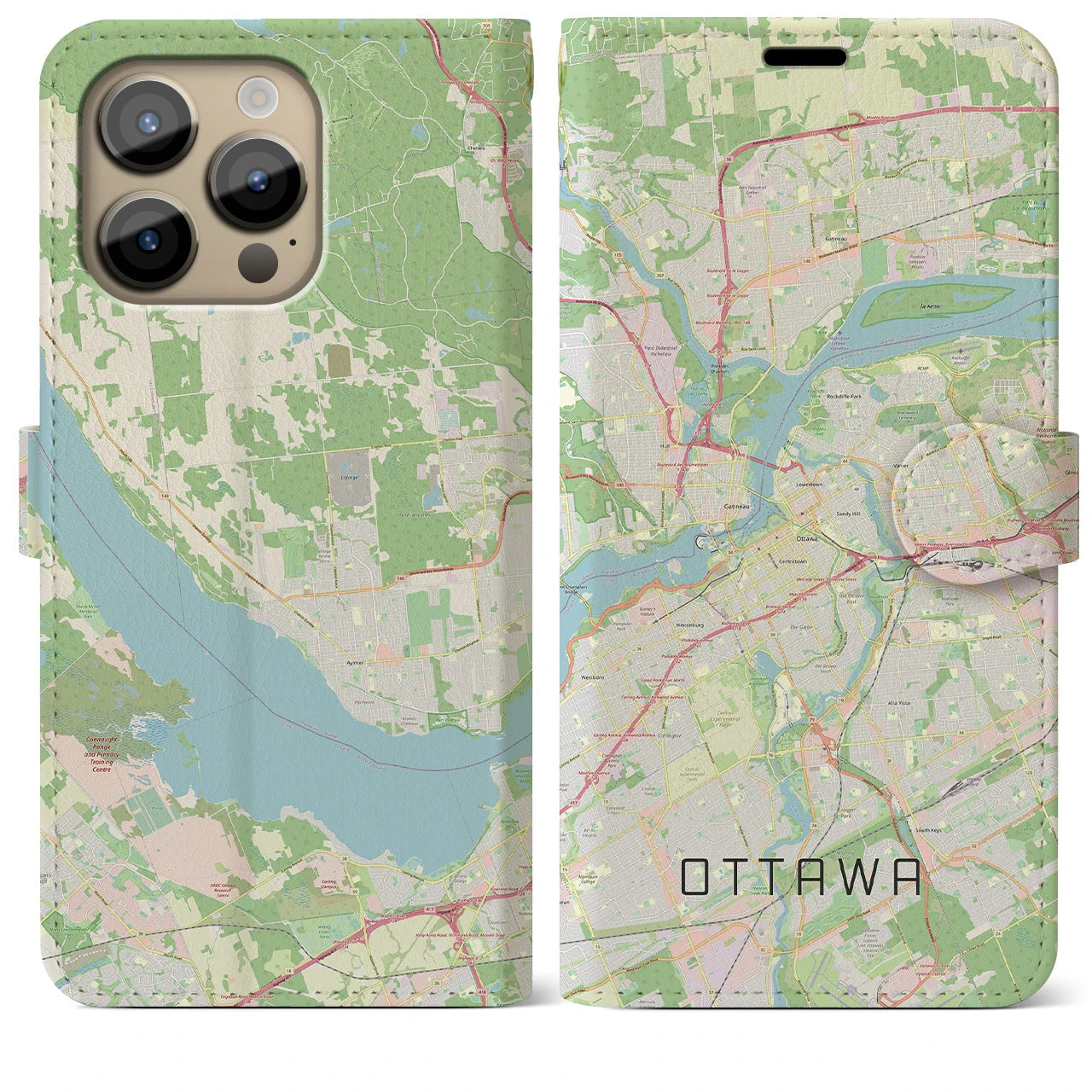 【オタワ】地図柄iPhoneケース（手帳両面タイプ・ナチュラル）iPhone 14 Pro Max 用