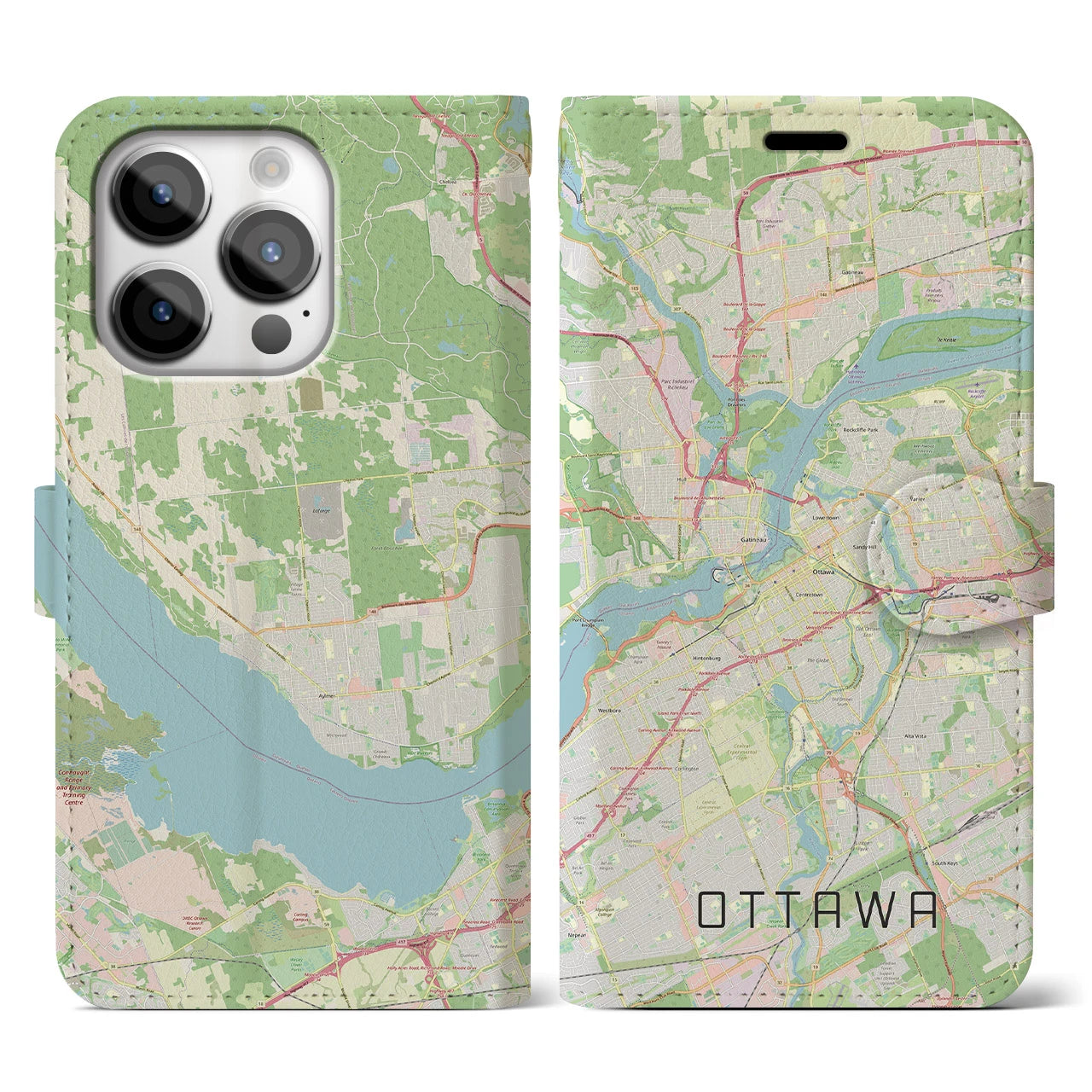 【オタワ】地図柄iPhoneケース（手帳両面タイプ・ナチュラル）iPhone 14 Pro 用