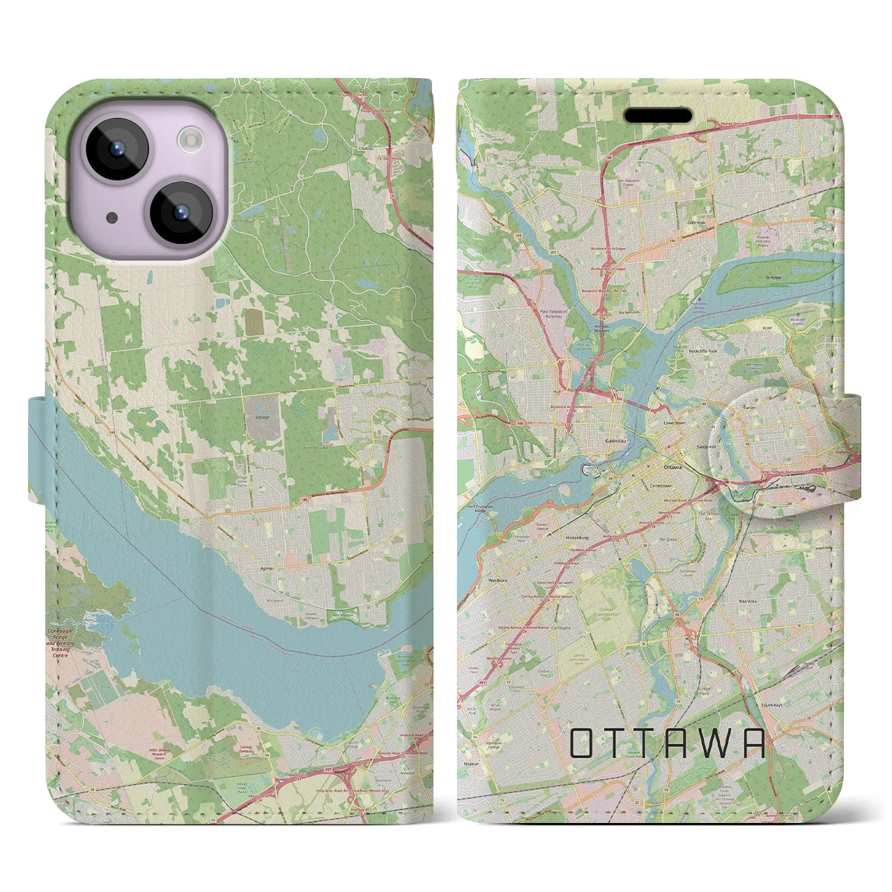 【オタワ】地図柄iPhoneケース（手帳両面タイプ・ナチュラル）iPhone 14 用