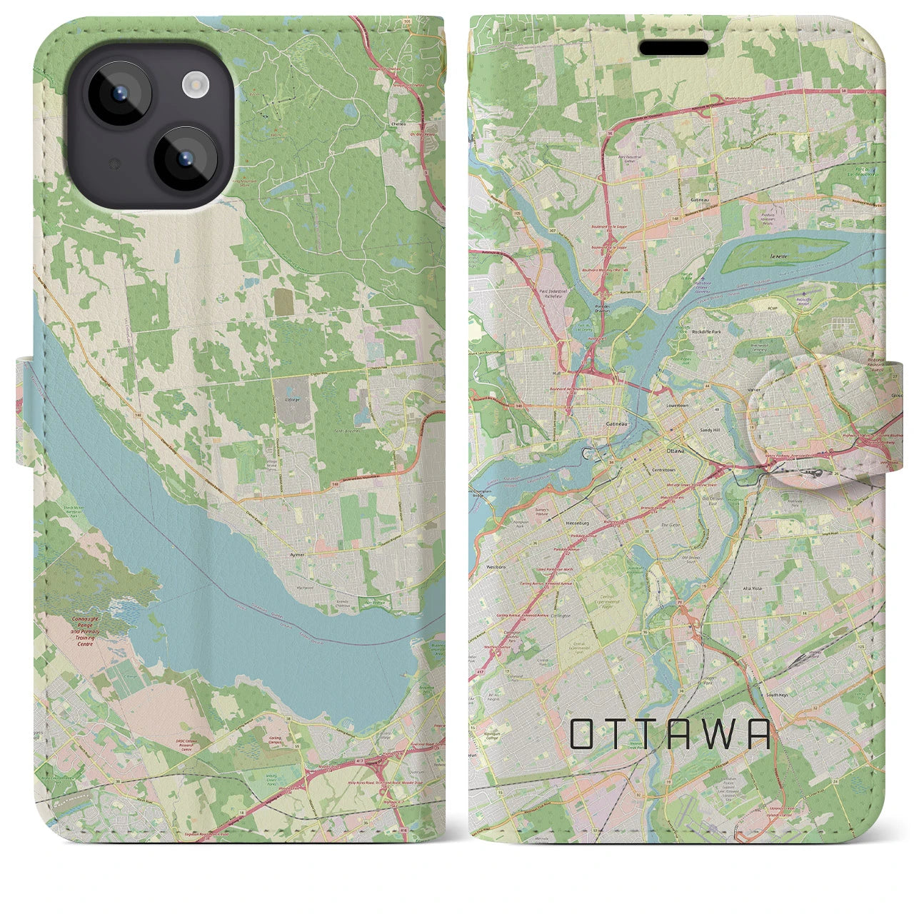 【オタワ】地図柄iPhoneケース（手帳両面タイプ・ナチュラル）iPhone 14 Plus 用
