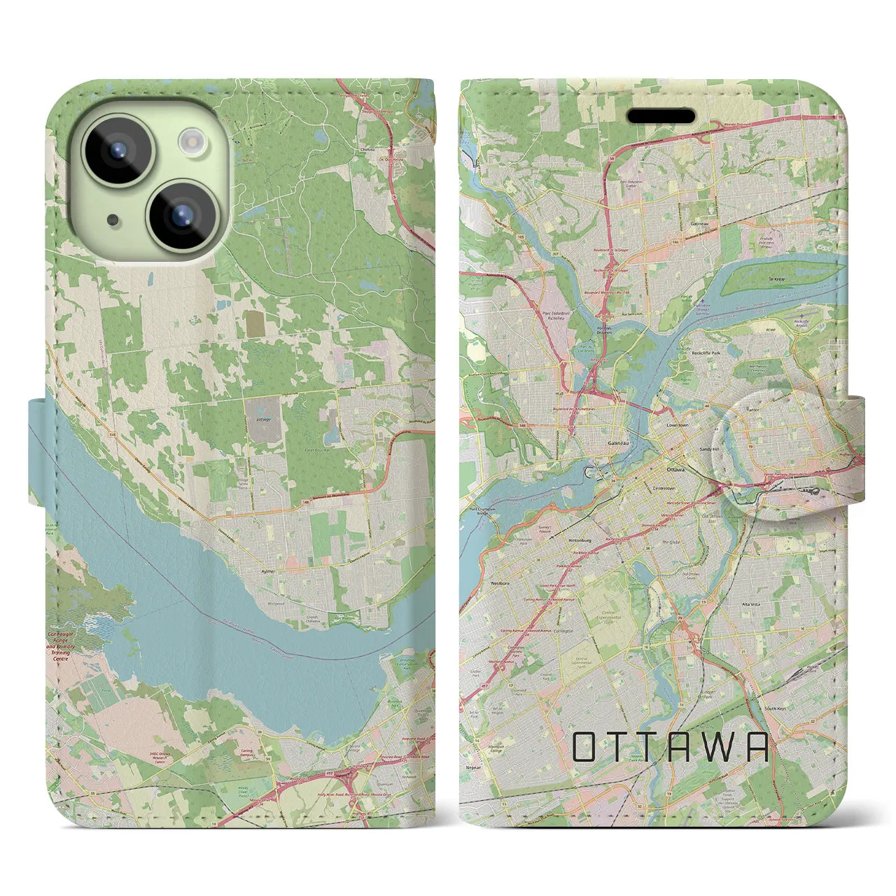 【オタワ】地図柄iPhoneケース（手帳両面タイプ・ナチュラル）iPhone 15 用