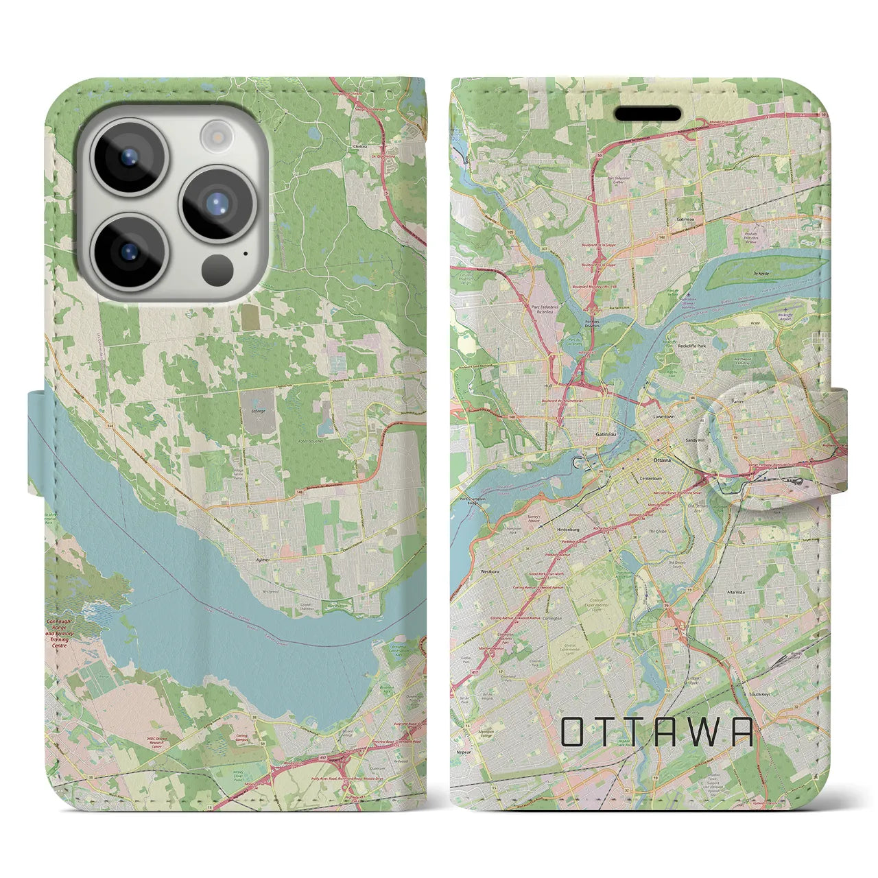 【オタワ】地図柄iPhoneケース（手帳両面タイプ・ナチュラル）iPhone 15 Pro 用