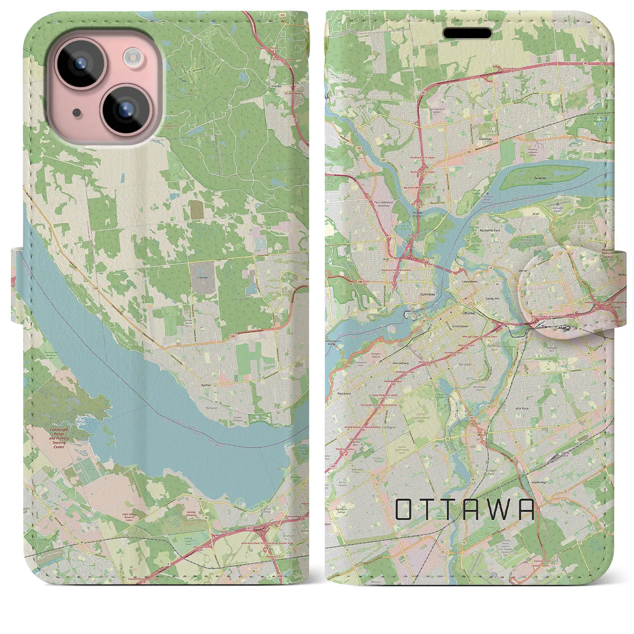 【オタワ】地図柄iPhoneケース（手帳両面タイプ・ナチュラル）iPhone 15 Plus 用