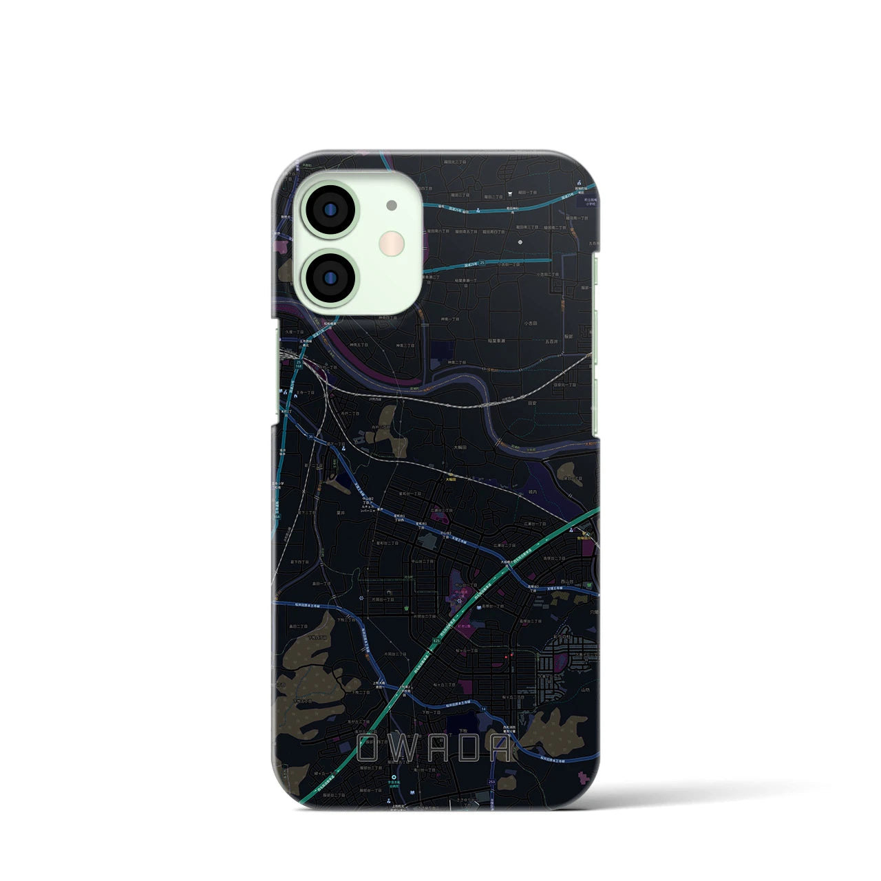 【大輪田】地図柄iPhoneケース（バックカバータイプ・ブラック）iPhone 12 mini 用