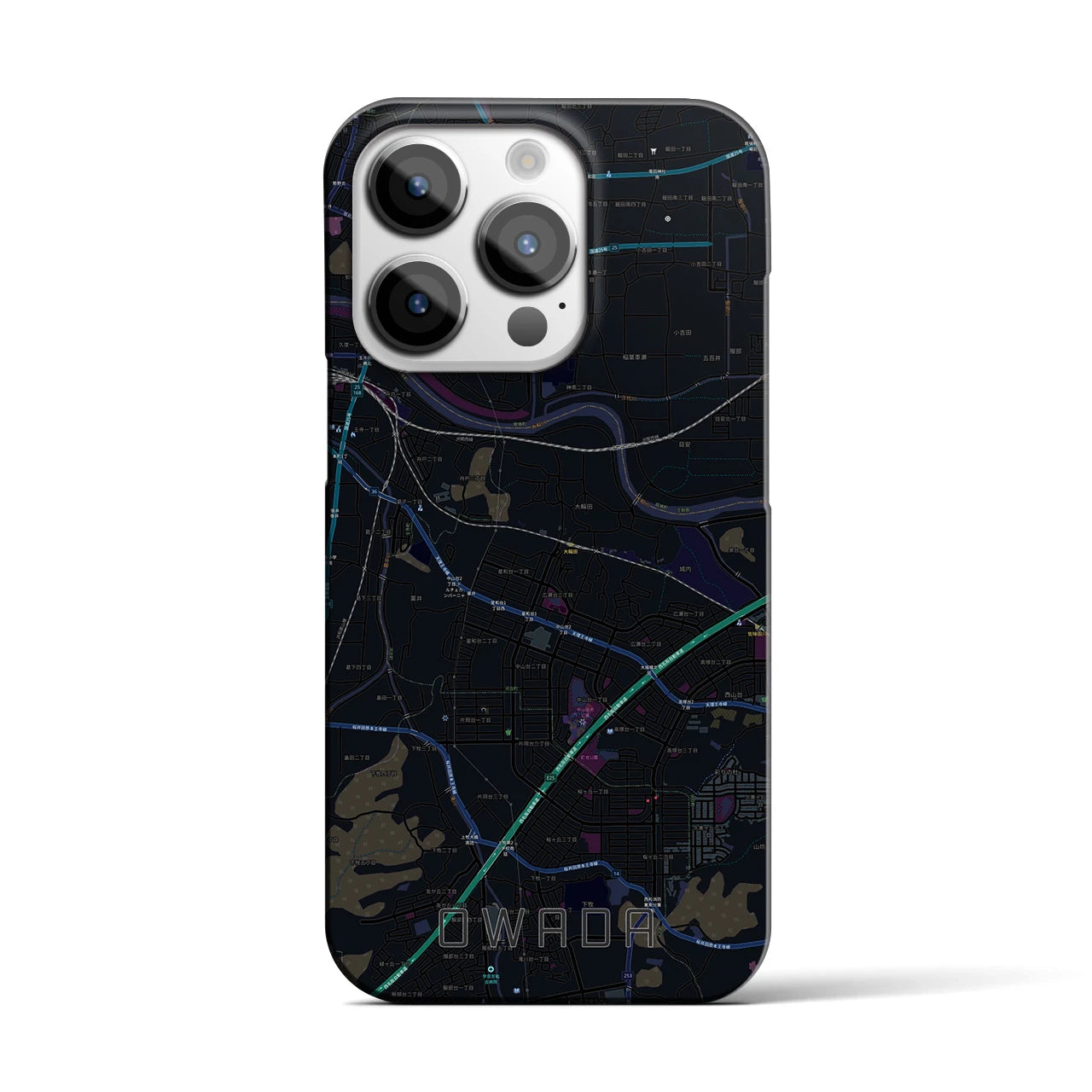 【大輪田】地図柄iPhoneケース（バックカバータイプ・ブラック）iPhone 14 Pro 用