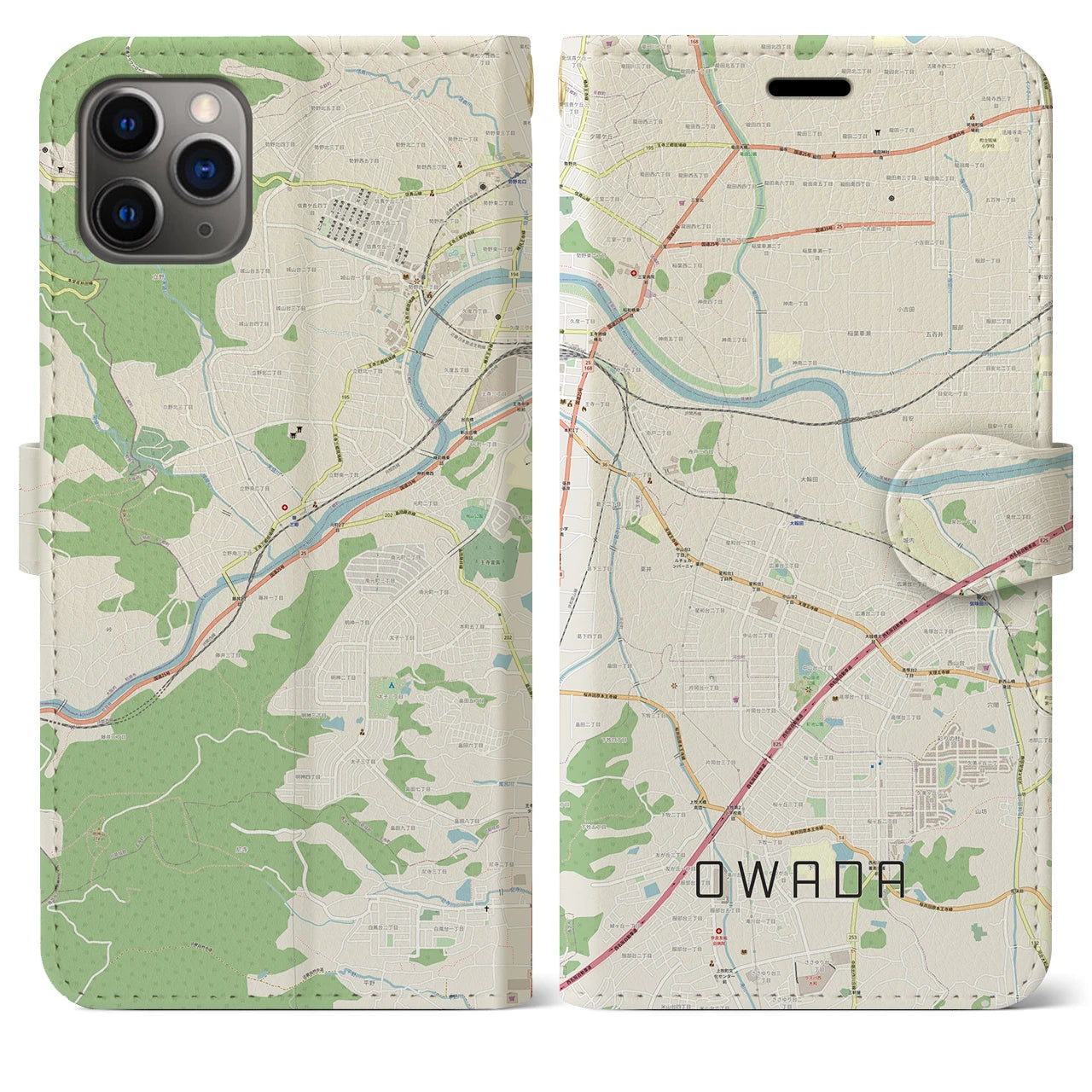 【大輪田】地図柄iPhoneケース（手帳両面タイプ・ナチュラル）iPhone 11 Pro Max 用