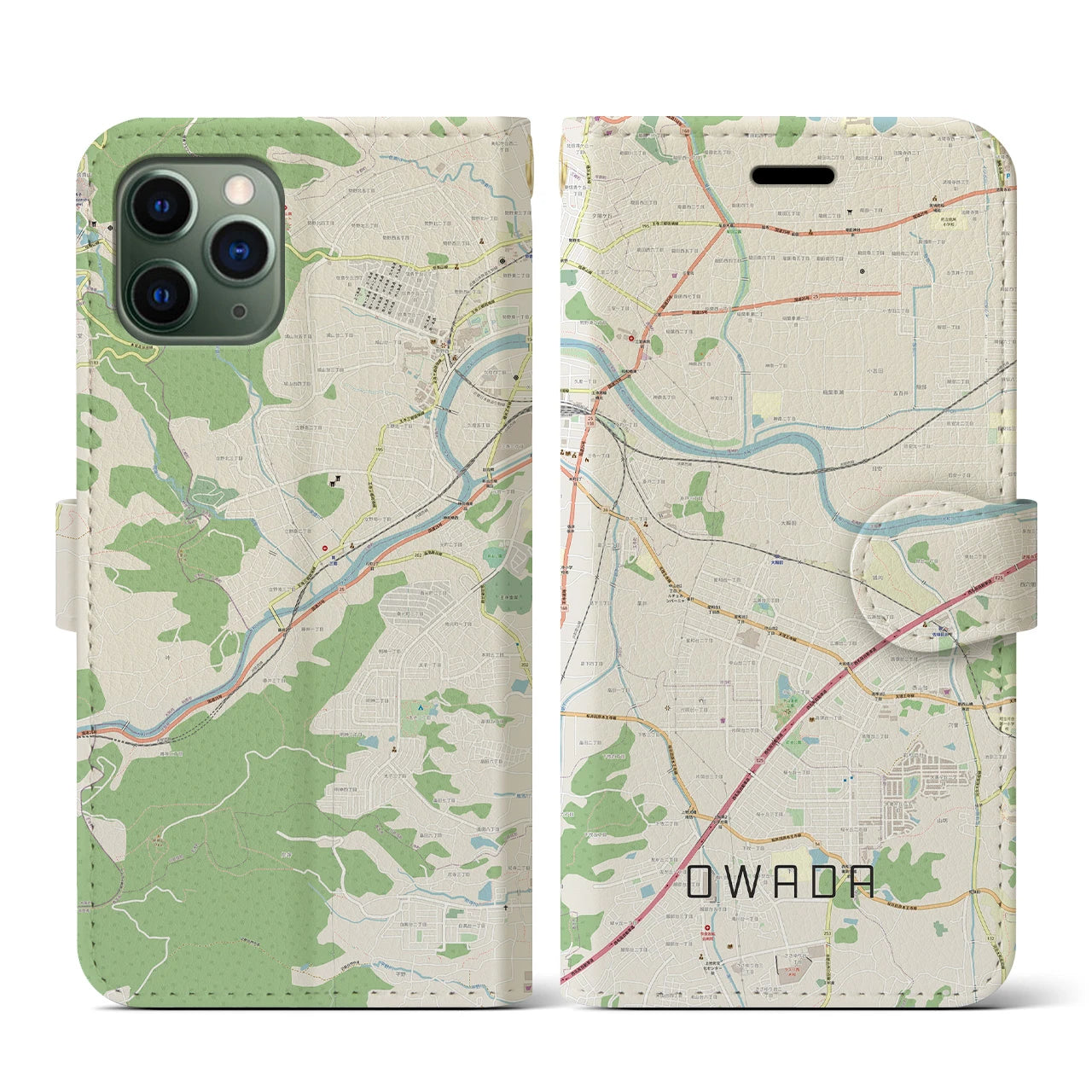 【大輪田】地図柄iPhoneケース（手帳両面タイプ・ナチュラル）iPhone 11 Pro 用