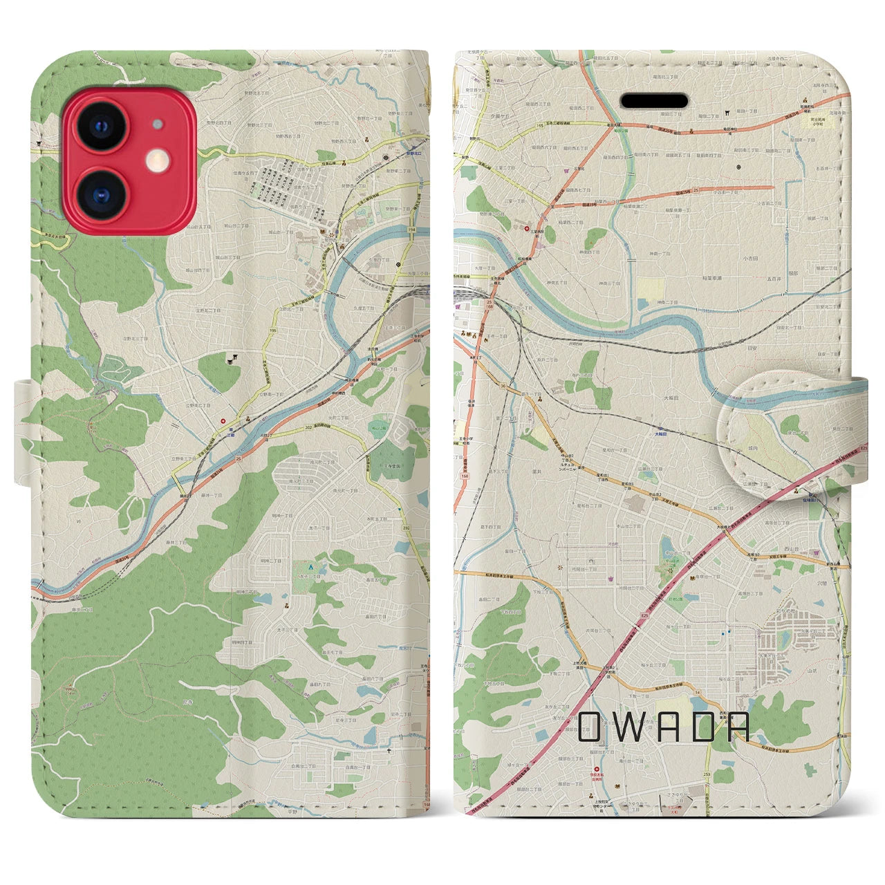 【大輪田】地図柄iPhoneケース（手帳両面タイプ・ナチュラル）iPhone 11 用