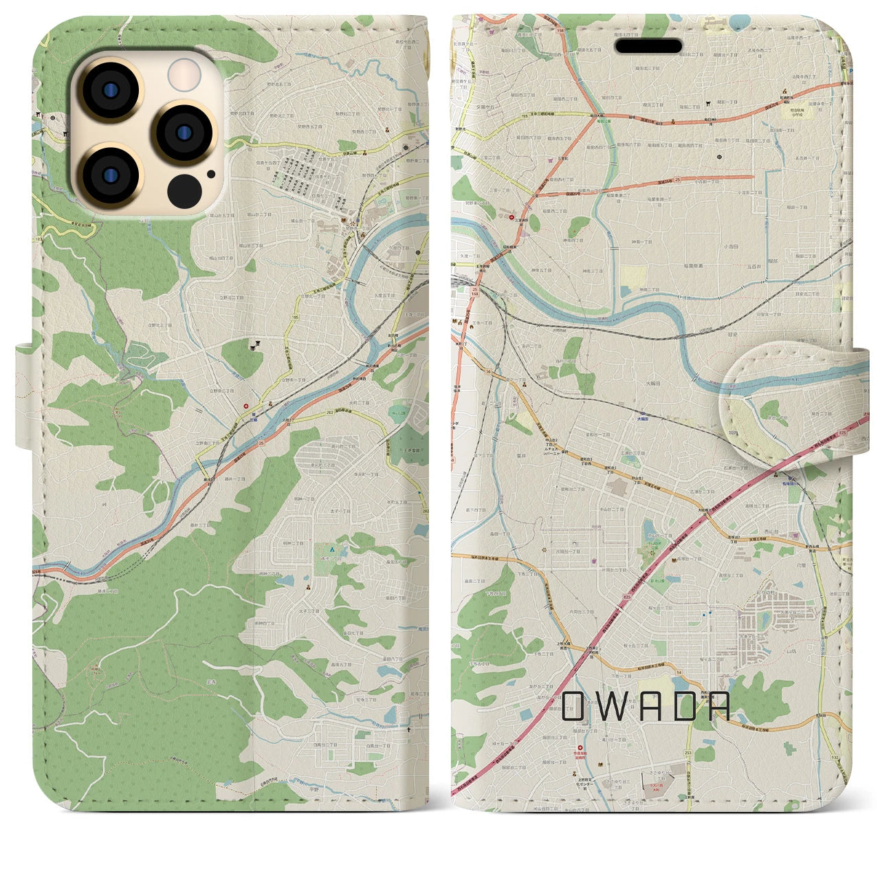 【大輪田】地図柄iPhoneケース（手帳両面タイプ・ナチュラル）iPhone 12 Pro Max 用