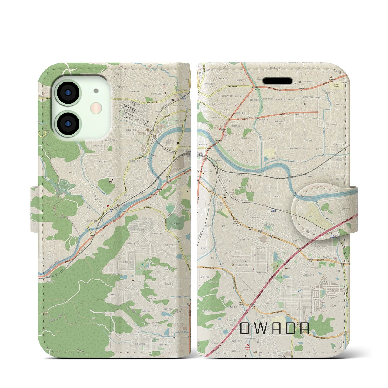 【大輪田】地図柄iPhoneケース（手帳両面タイプ・ナチュラル）iPhone 12 mini 用
