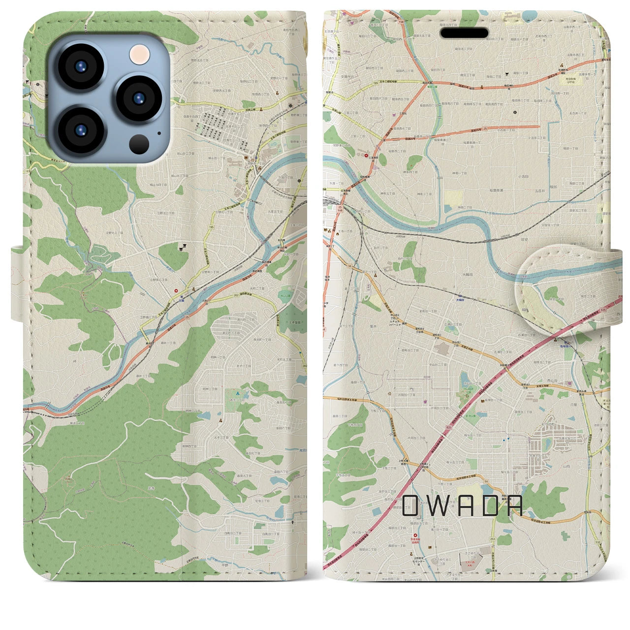 【大輪田】地図柄iPhoneケース（手帳両面タイプ・ナチュラル）iPhone 13 Pro Max 用