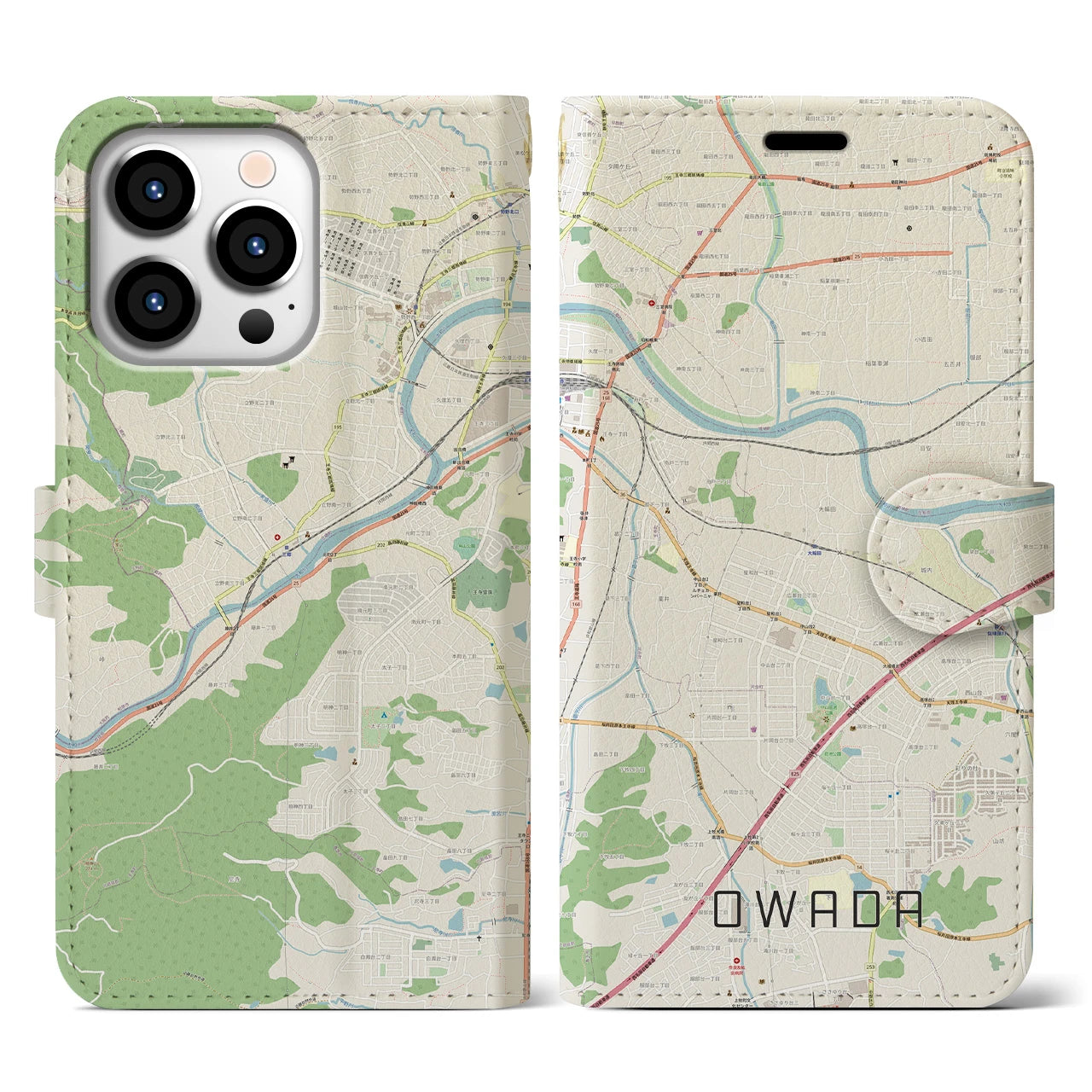 【大輪田】地図柄iPhoneケース（手帳両面タイプ・ナチュラル）iPhone 13 Pro 用