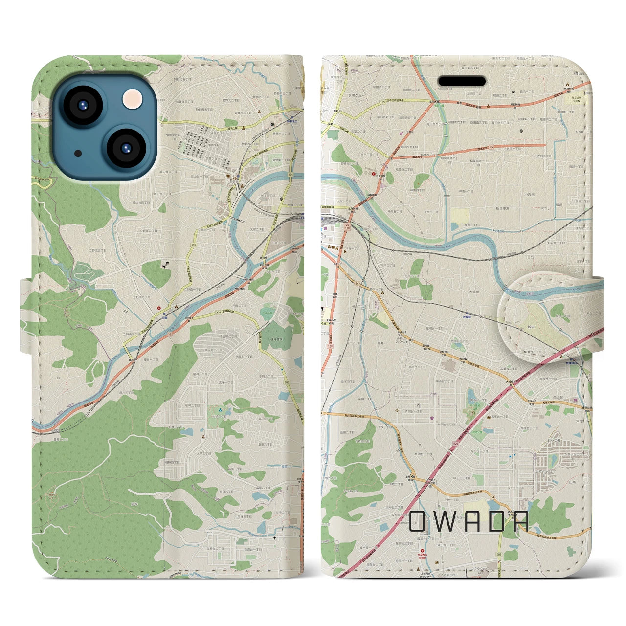 【大輪田】地図柄iPhoneケース（手帳両面タイプ・ナチュラル）iPhone 13 用