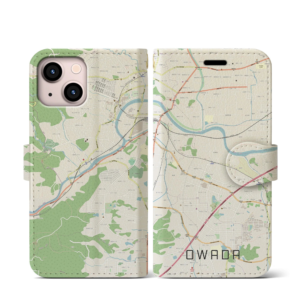 【大輪田】地図柄iPhoneケース（手帳両面タイプ・ナチュラル）iPhone 13 mini 用