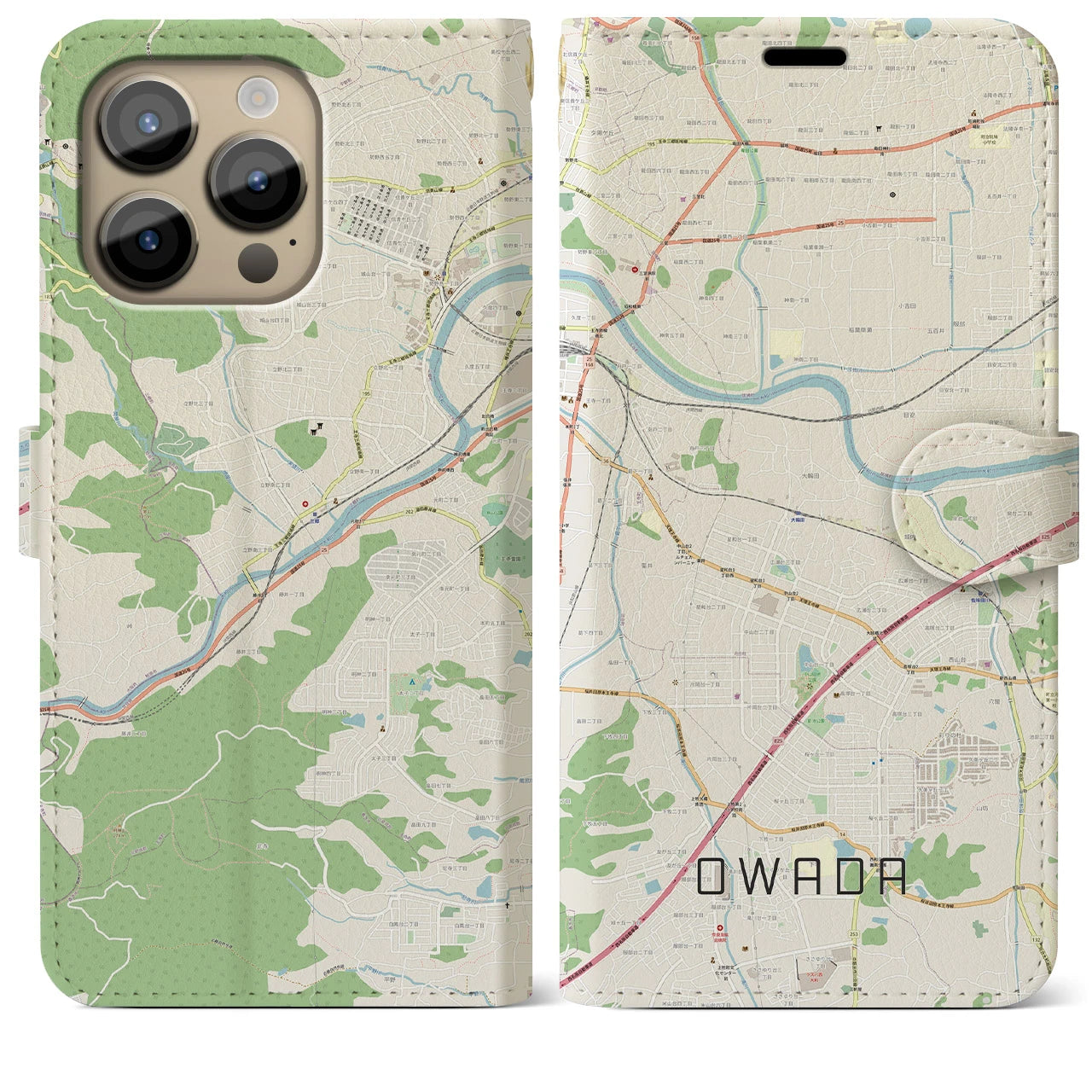 【大輪田】地図柄iPhoneケース（手帳両面タイプ・ナチュラル）iPhone 14 Pro Max 用