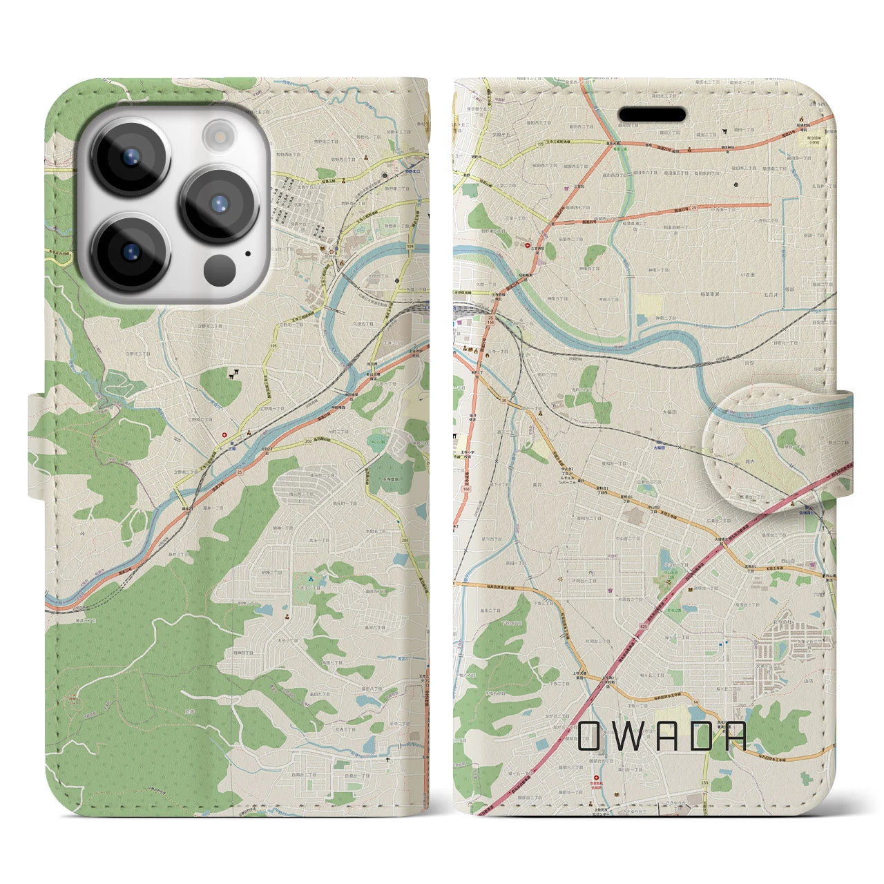 【大輪田】地図柄iPhoneケース（手帳両面タイプ・ナチュラル）iPhone 14 Pro 用