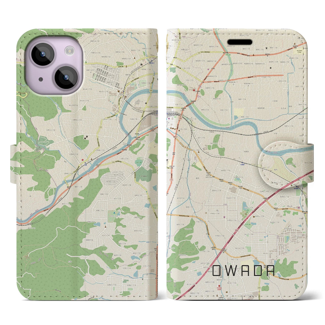 【大輪田】地図柄iPhoneケース（手帳両面タイプ・ナチュラル）iPhone 14 用