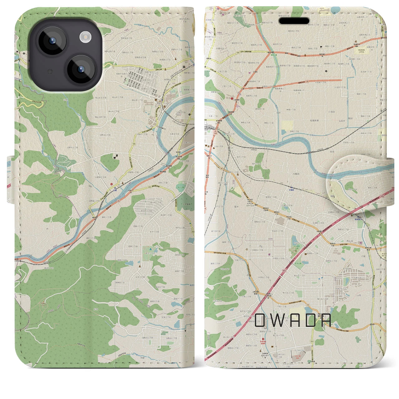 【大輪田】地図柄iPhoneケース（手帳両面タイプ・ナチュラル）iPhone 14 Plus 用